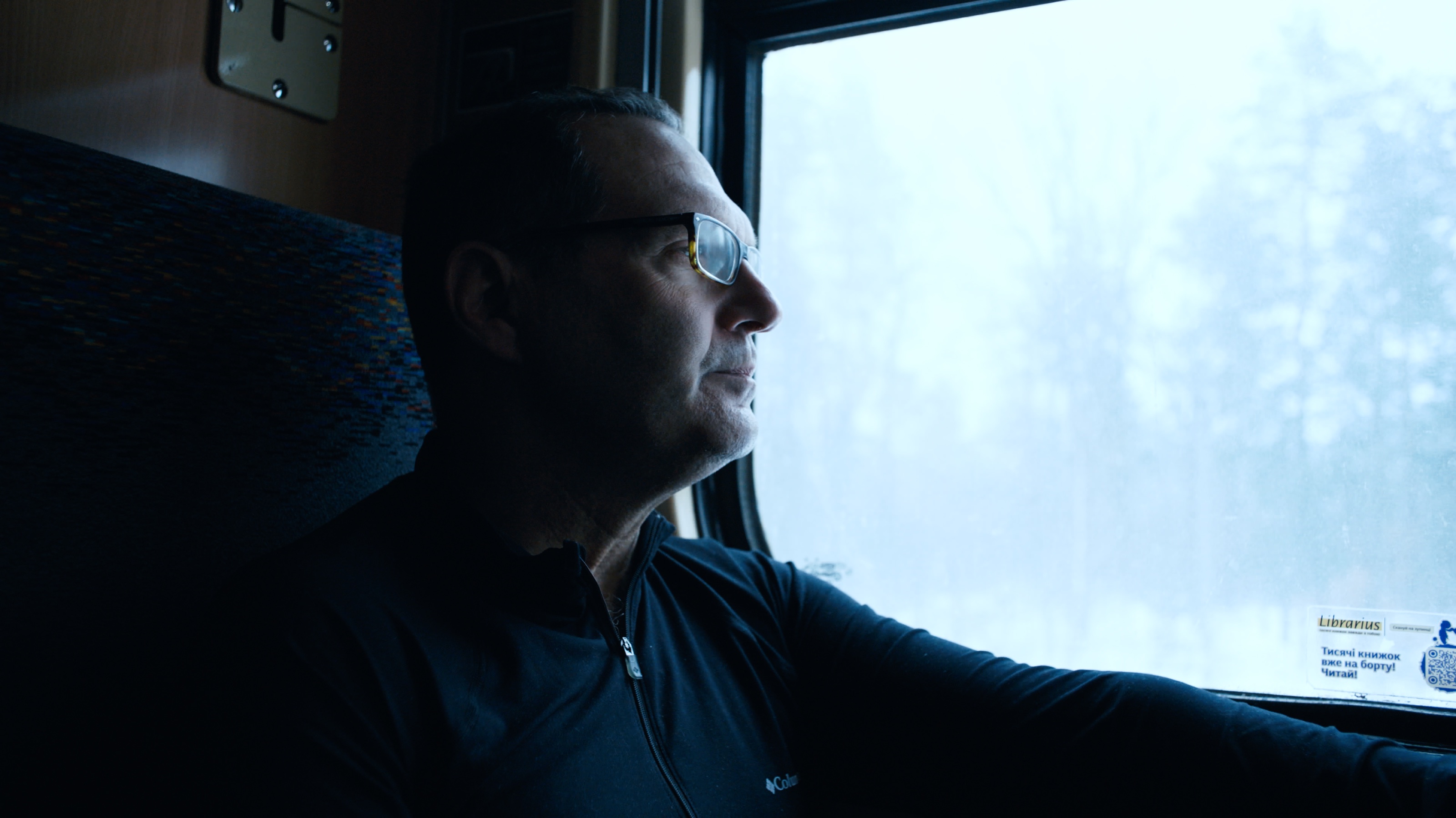 Rocco on the winter journey to Dnipro.